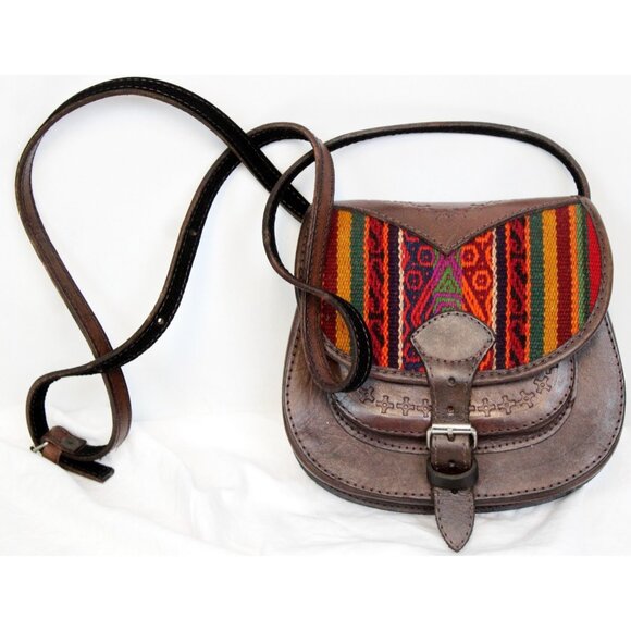 Peruvian Leather Bag Small Purse Woven Textile Women Shoulder Cross Body Saddle - Picture 1 of 11